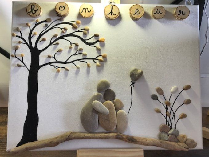 Tableau galets "Bonheur"