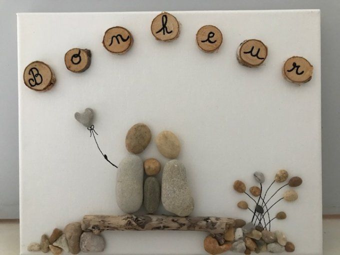 Tableau galets "Bonheur"