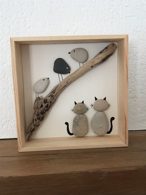 Tableau galets Chats Oiseaux